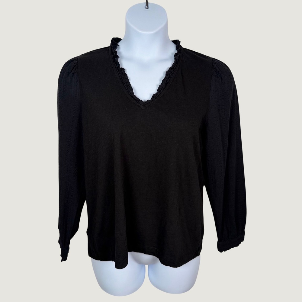 LOFT Large Black Cotton Ruffle V-Neck Seersucker Long Sleeve Blouse Top